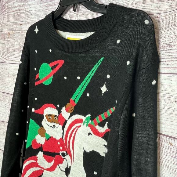 Tipsy Elves Men's Black Santa Ugly Christmas Unicorn Sword Sweater New Size XL - Picture 7 of 9
